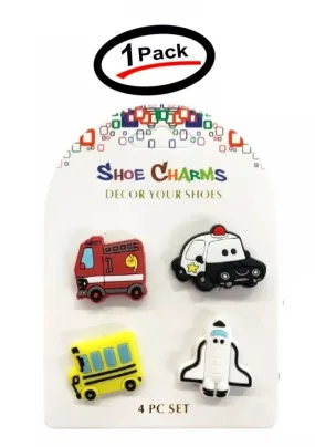 4 Pcs Transportation Shoe Charms For Croc Shoes- Bus, Police Car, Firetruck, Rocket