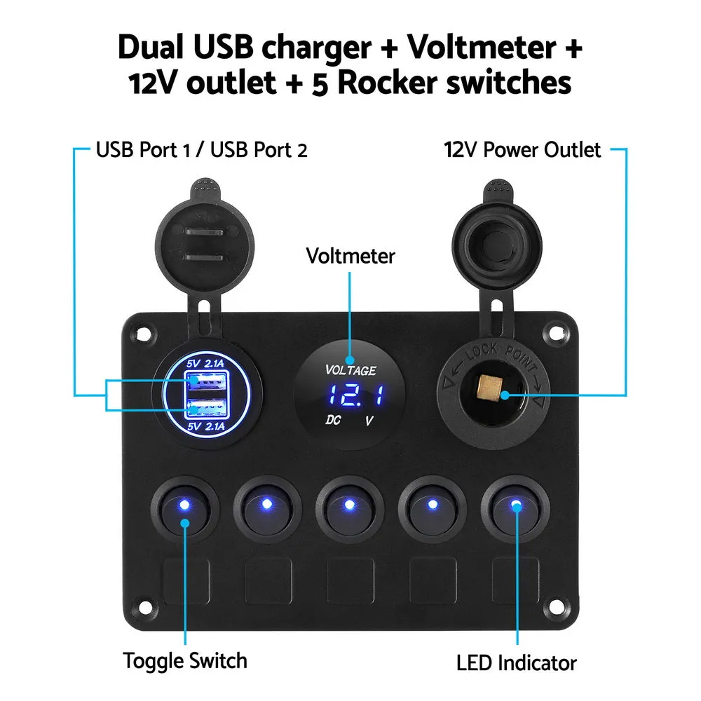 5-Gang 12V LED Switch Panel with USB Charger - Giantz