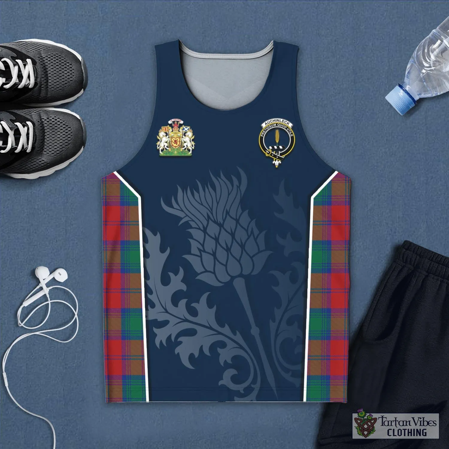 Auchinleck (Affleck) Tartan Men's Tanks Top with Family Crest and Scottish Thistle Vibes Sport Style