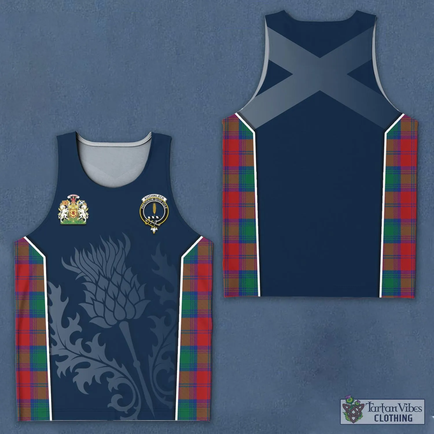 Auchinleck (Affleck) Tartan Men's Tanks Top with Family Crest and Scottish Thistle Vibes Sport Style