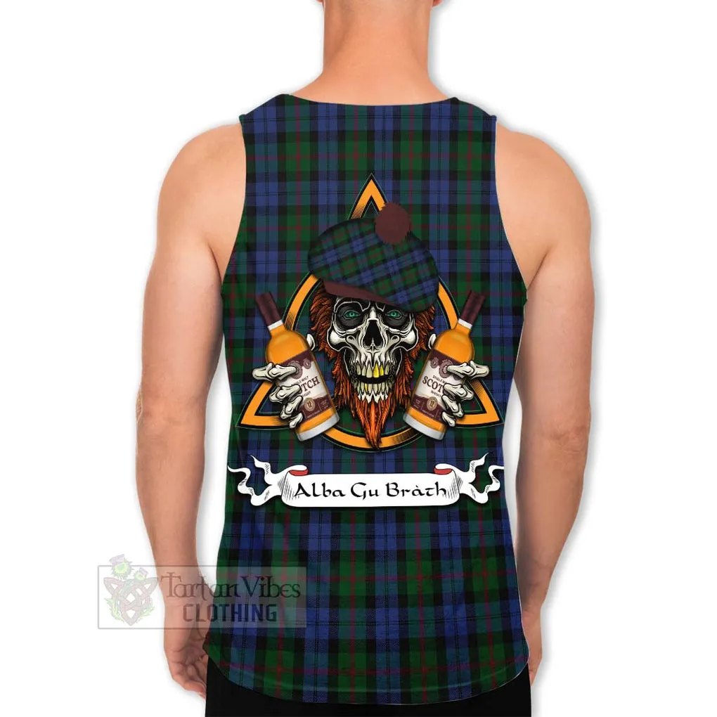 Baird Tartan Men's Tank Top with Family Crest and Bearded Skull Holding Bottles of Whiskey