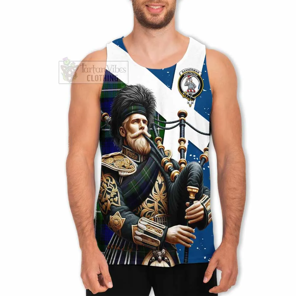 Bannerman Tartan Men's Tank Top with Family Crest Scottish Bagpiper Vibes