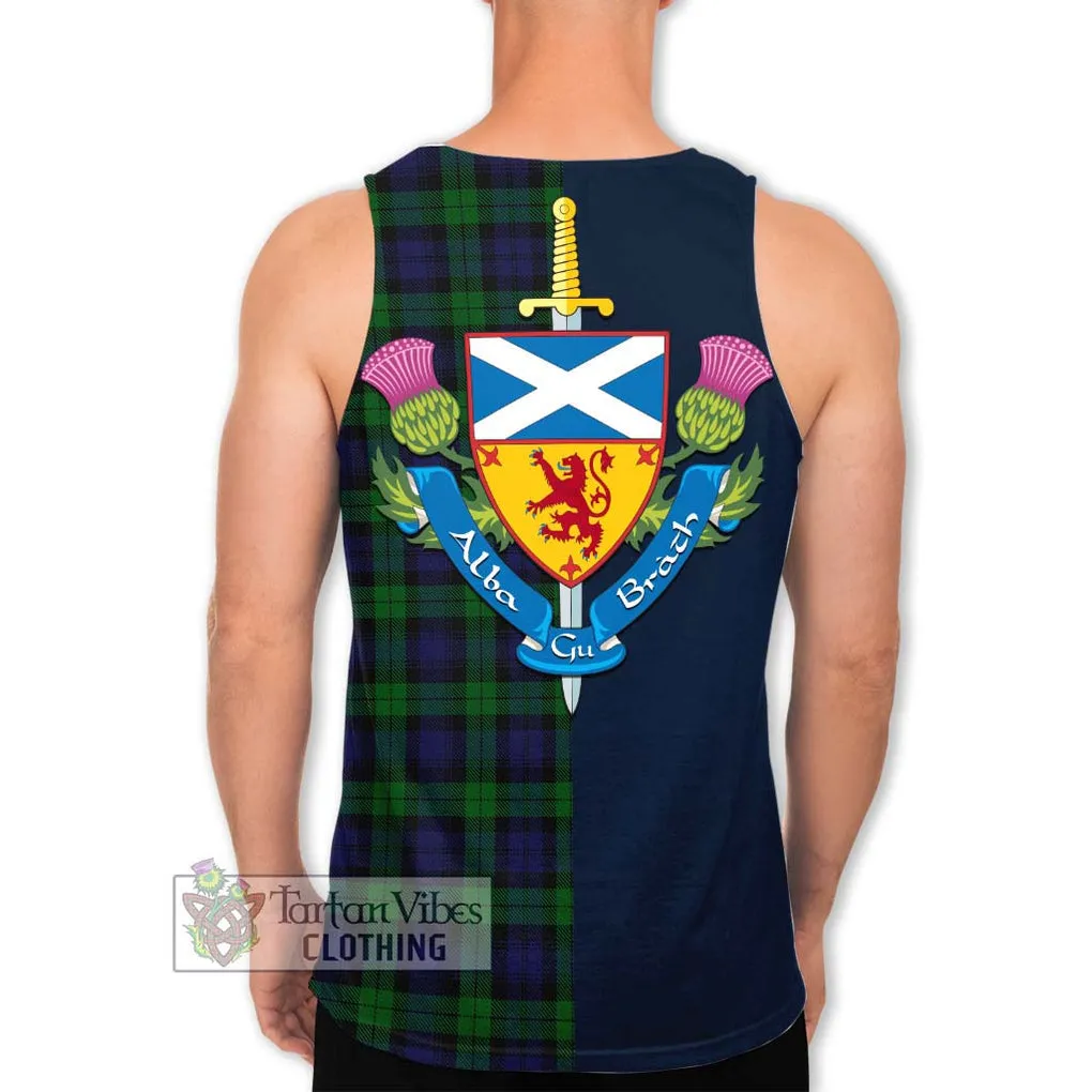 Black Watch Tartan Men's Tank Top Alba with Scottish Lion Royal Arm Half Style