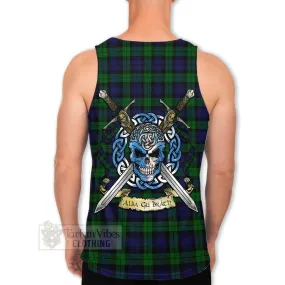 Black Watch Tartan Men's Tank Top with Family Crest Celtic Skull Style