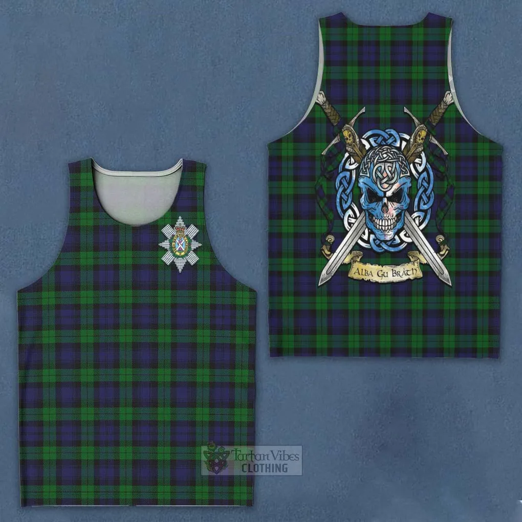 Black Watch Tartan Men's Tank Top with Family Crest Celtic Skull Style