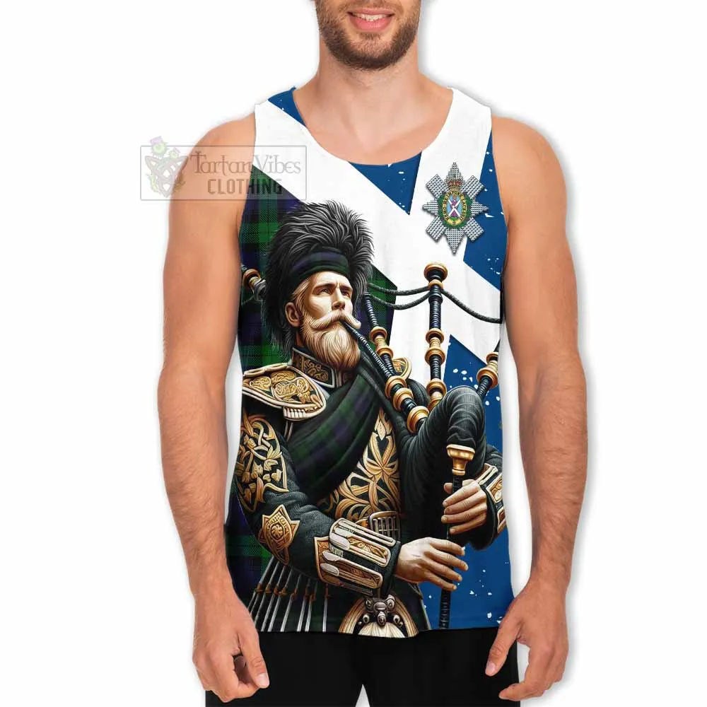 Black Watch Tartan Men's Tank Top with Family Crest Scottish Bagpiper Vibes