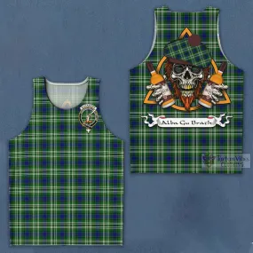 Blackadder Tartan Men's Tank Top with Family Crest and Bearded Skull Holding Bottles of Whiskey