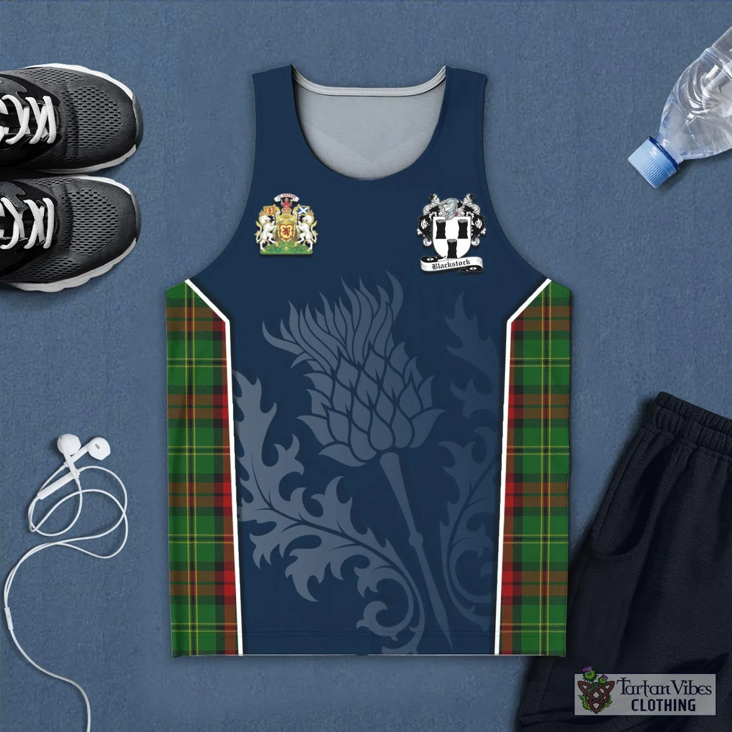 Blackstock Hunting Tartan Men's Tanks Top with Family Crest and Scottish Thistle Vibes Sport Style