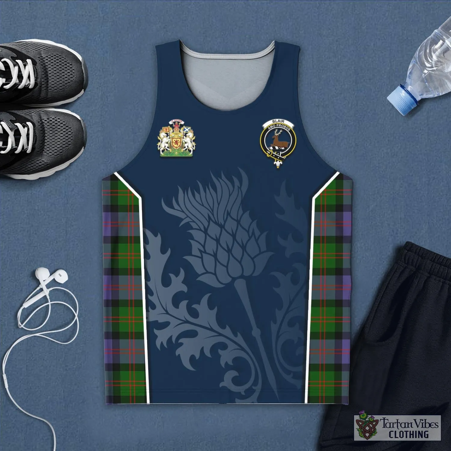 Blair Modern Tartan Men's Tanks Top with Family Crest and Scottish Thistle Vibes Sport Style