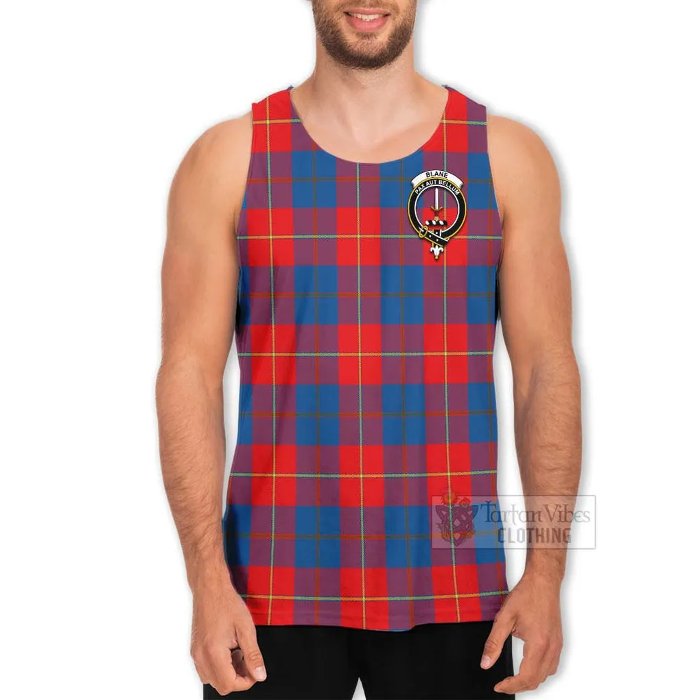 Blane Tartan Men's Tank Top with Family Crest and Bearded Skull Holding Bottles of Whiskey