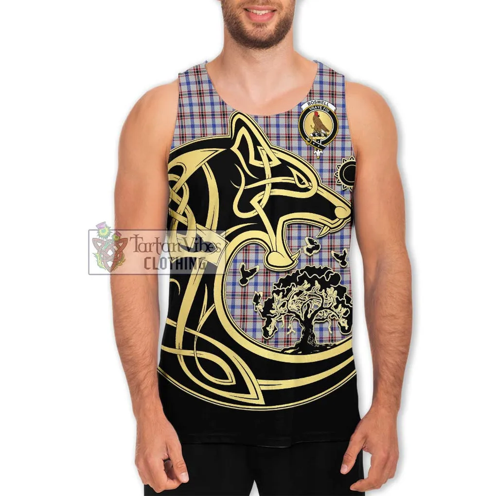 Boswell Tartan Men's Tank Top with Family Crest Celtic Wolf Style