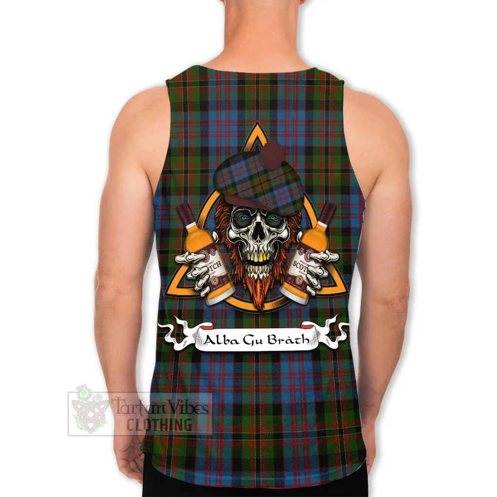 Bowie Tartan Men's Tank Top with Family Crest and Bearded Skull Holding Bottles of Whiskey