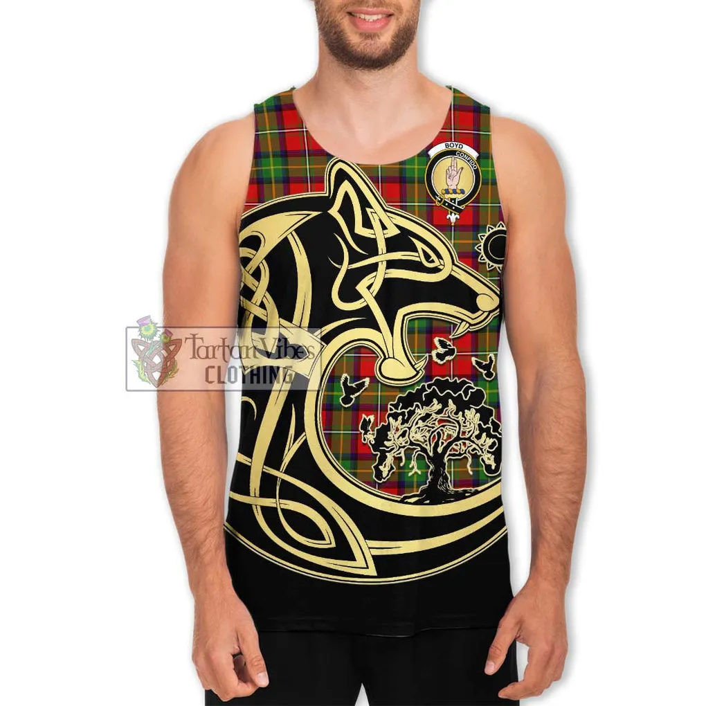 Boyd Tartan Men's Tank Top with Family Crest Celtic Wolf Style