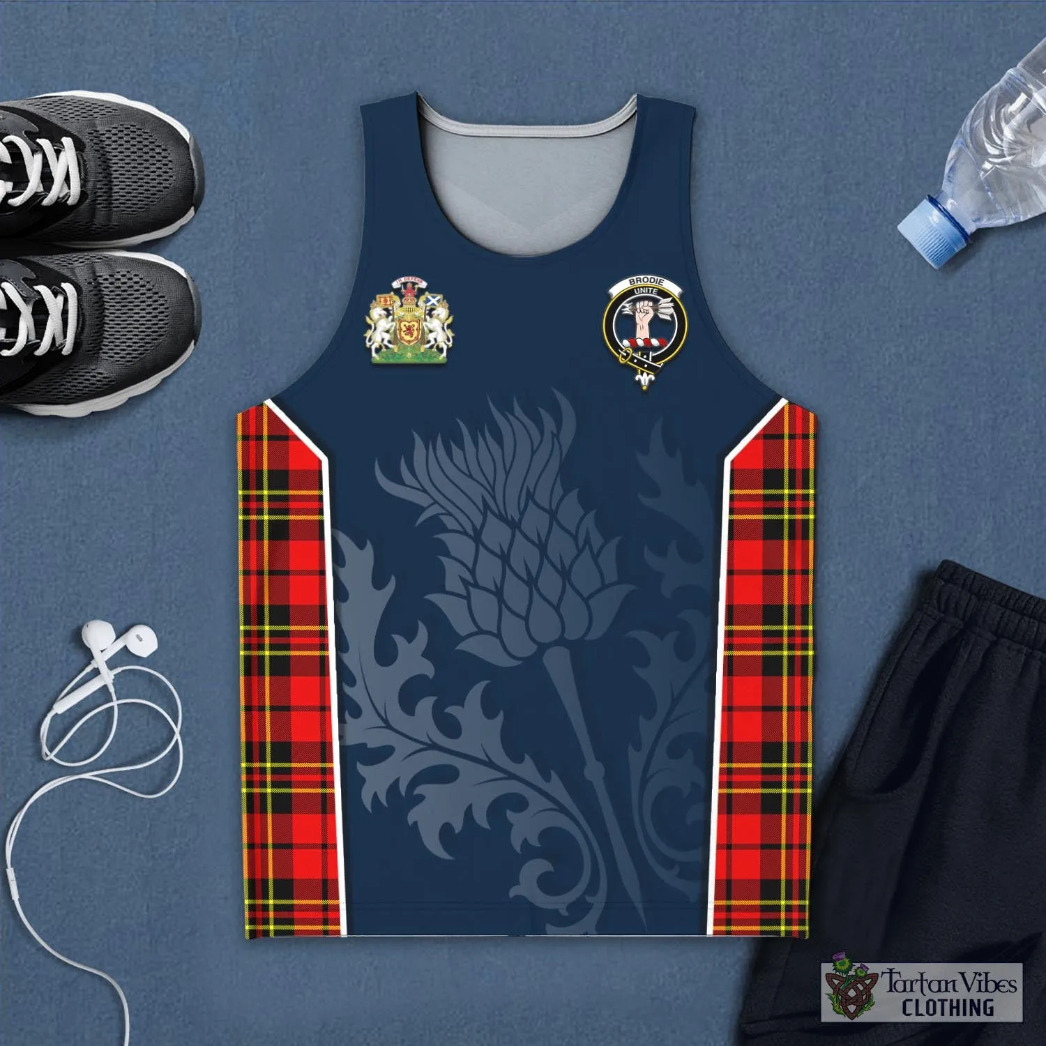 Brodie Modern Tartan Men's Tanks Top with Family Crest and Scottish Thistle Vibes Sport Style