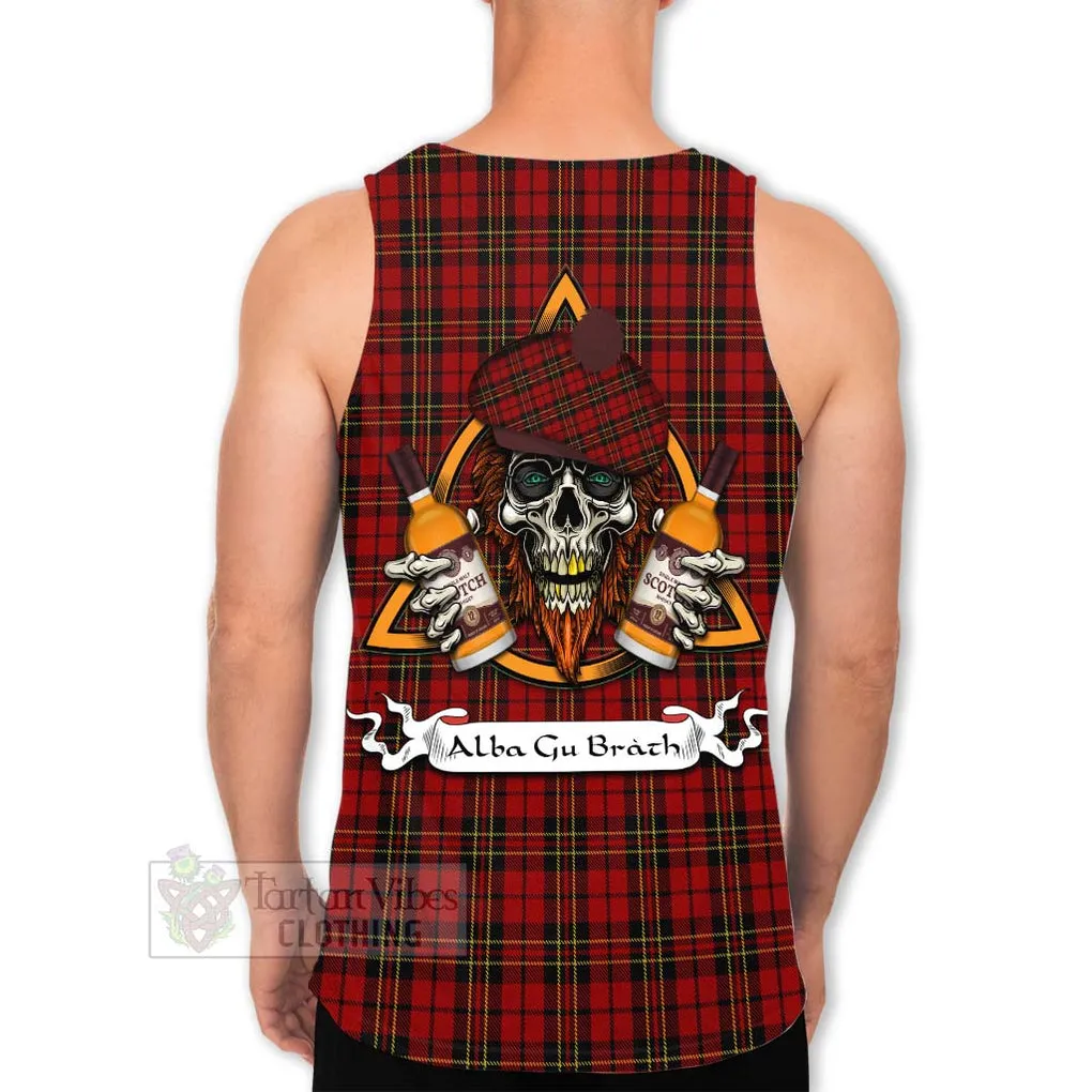 Brodie Tartan Men's Tank Top with Family Crest and Bearded Skull Holding Bottles of Whiskey