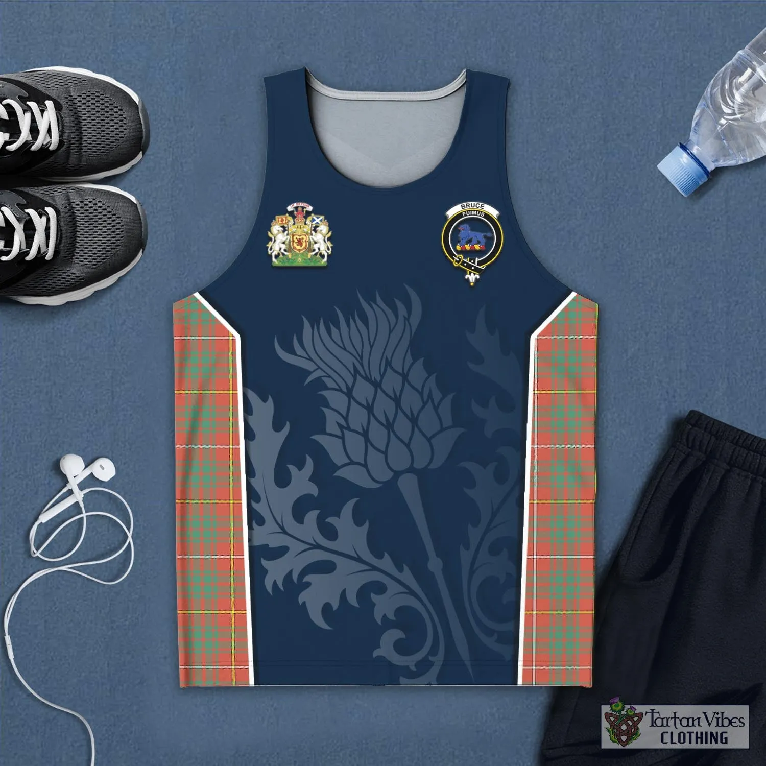 Bruce Ancient Tartan Men's Tanks Top with Family Crest and Scottish Thistle Vibes Sport Style