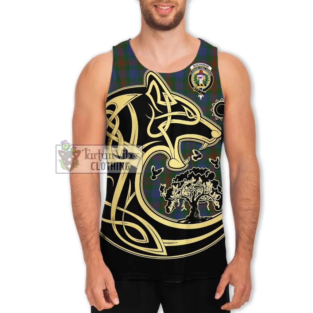 Buchanan Hunting Tartan Men's Tank Top with Family Crest Celtic Wolf Style