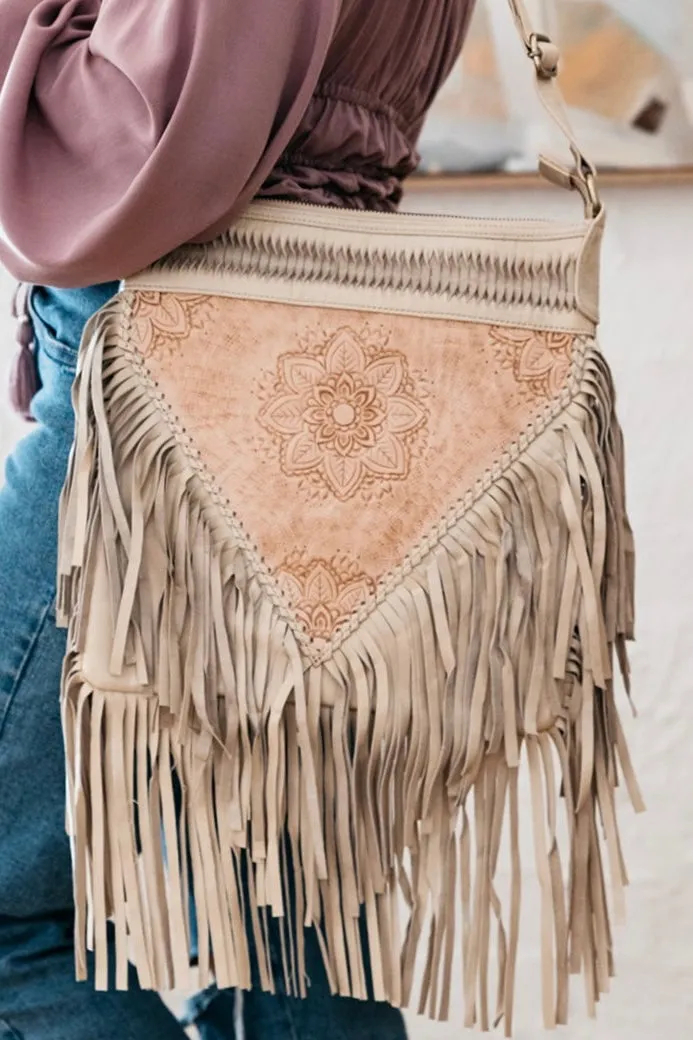 HAND TOOLED DETAILED FLOWER & FRINGE BAG CREAM