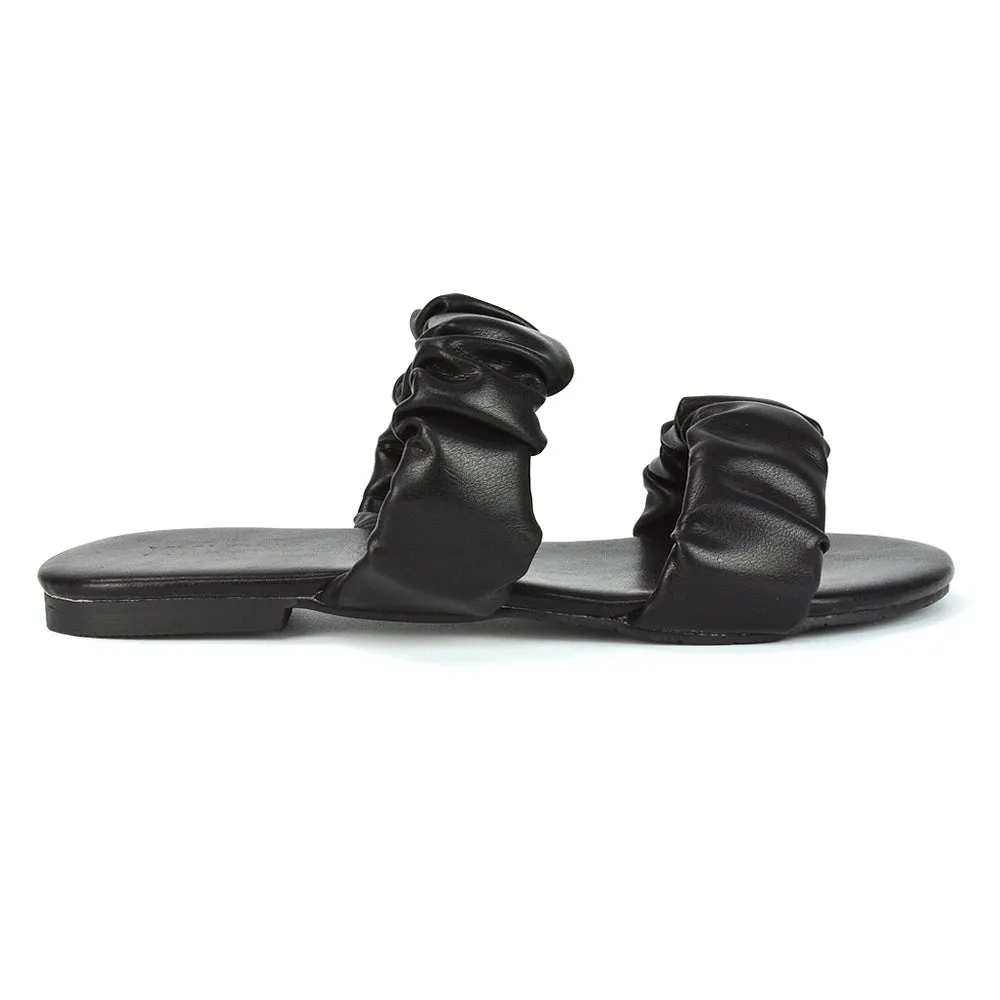 Luca Ruched Double Strap Flat Heel Slider Sandals in Black Synthetic Leather