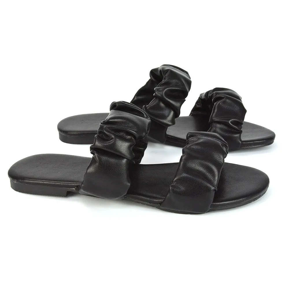 Luca Ruched Double Strap Flat Heel Slider Sandals in Black Synthetic Leather