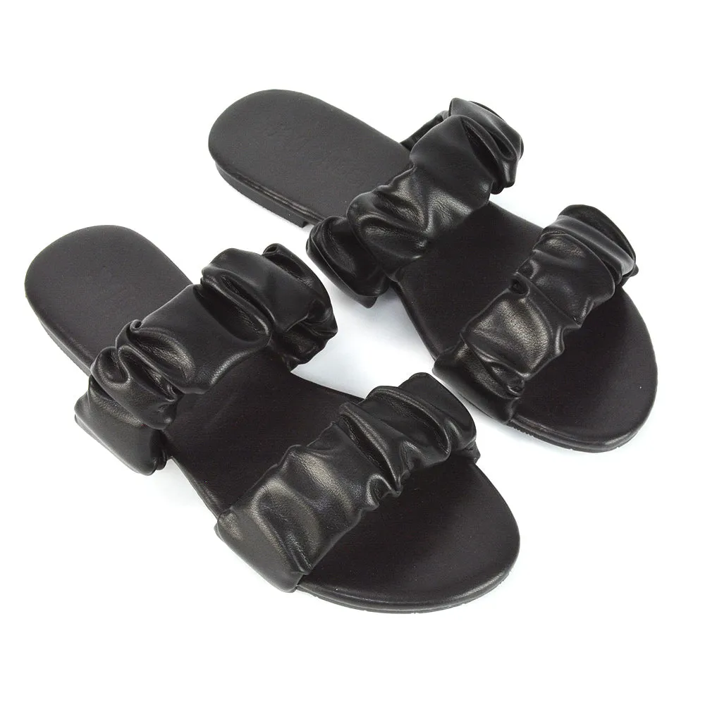 Luca Ruched Double Strap Flat Heel Slider Sandals in Black Synthetic Leather