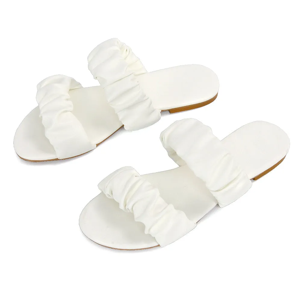 Luca Ruched Double Strap Flat Heel Slider Sandals in White Synthetic Leather