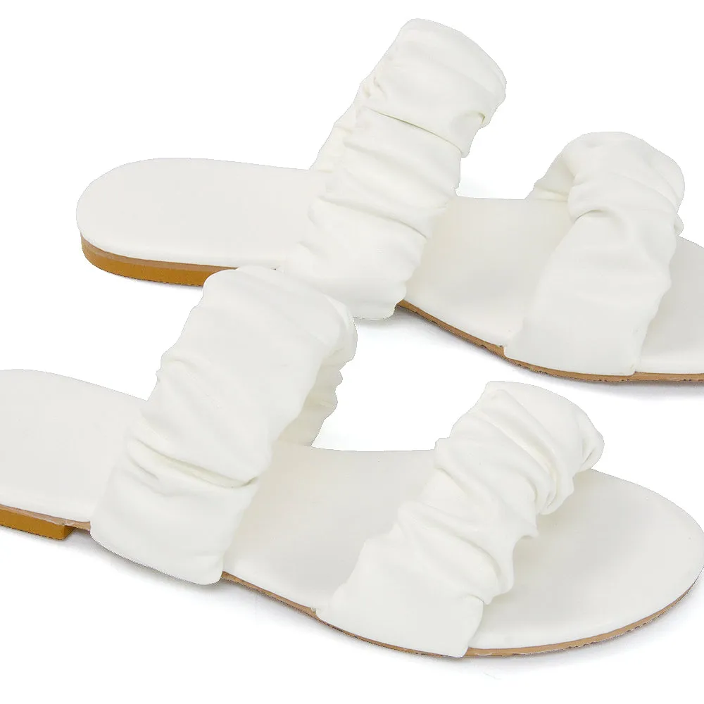 Luca Ruched Double Strap Flat Heel Slider Sandals in White Synthetic Leather