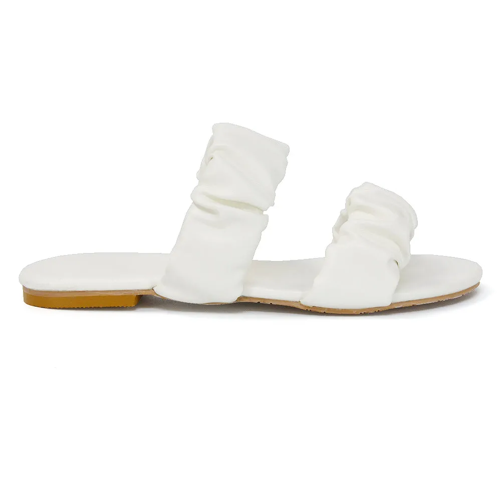 Luca Ruched Double Strap Flat Heel Slider Sandals in White Synthetic Leather