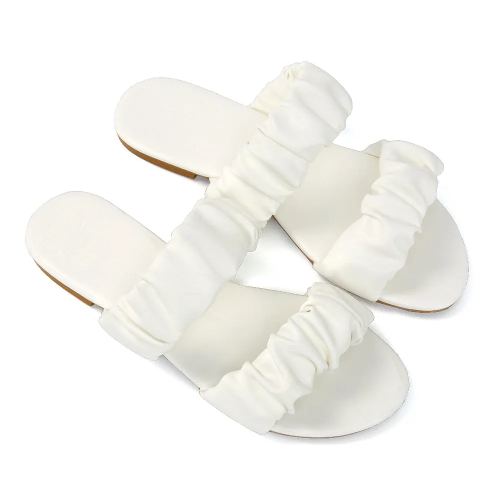 Luca Ruched Double Strap Flat Heel Slider Sandals in White Synthetic Leather