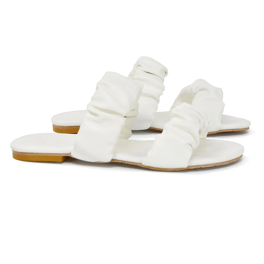 Luca Ruched Double Strap Flat Heel Slider Sandals in White Synthetic Leather