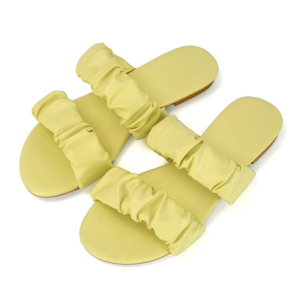 Luca Ruched Double Strap Flat Heel Slider Sandals in Yellow Synthetic Leather