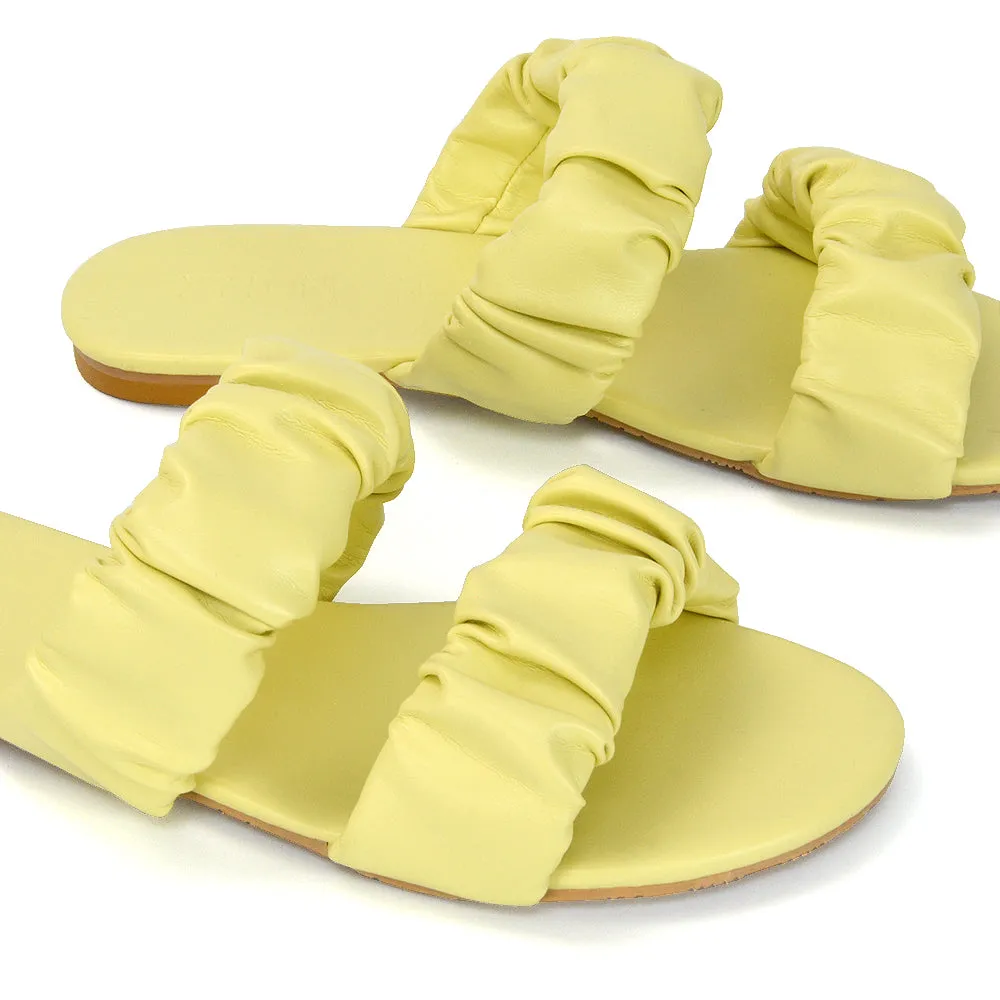 Luca Ruched Double Strap Flat Heel Slider Sandals in Yellow Synthetic Leather