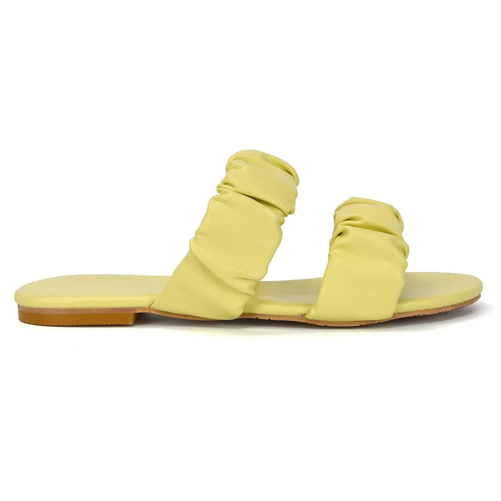 Luca Ruched Double Strap Flat Heel Slider Sandals in Yellow Synthetic Leather