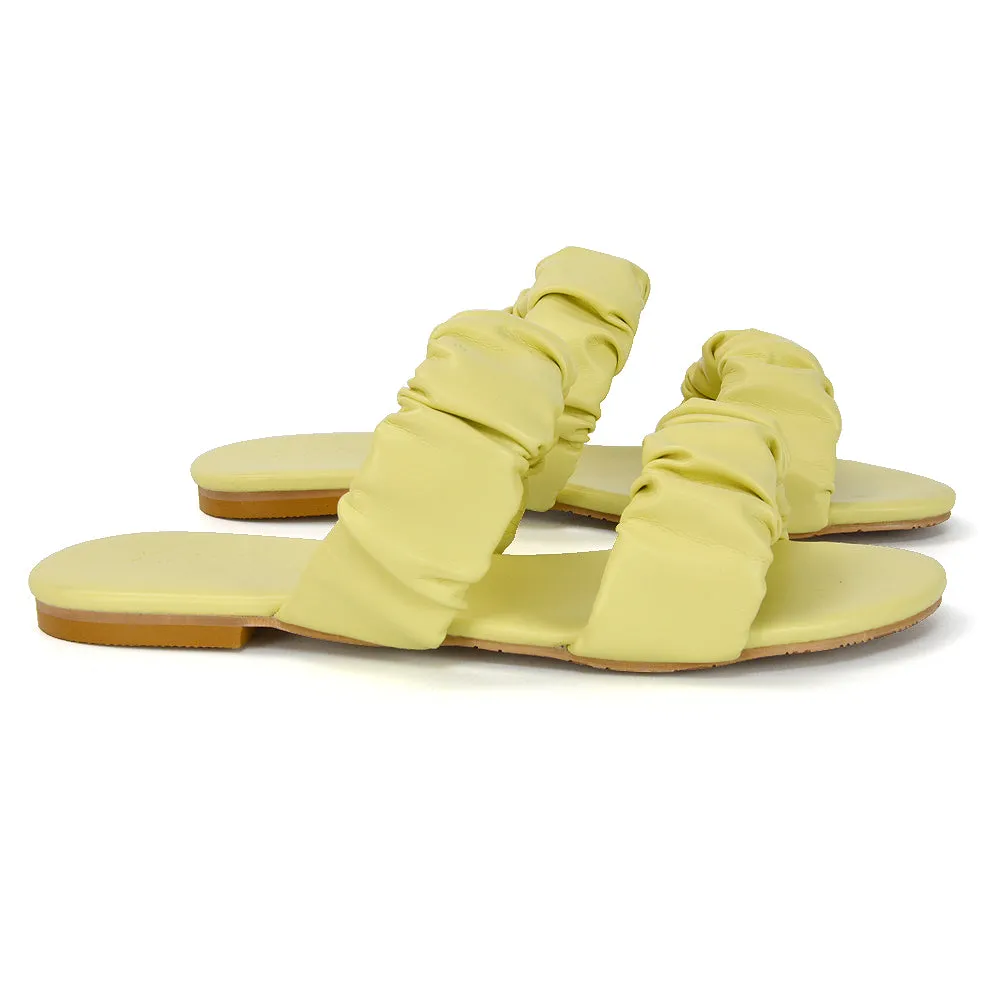 Luca Ruched Double Strap Flat Heel Slider Sandals in Yellow Synthetic Leather