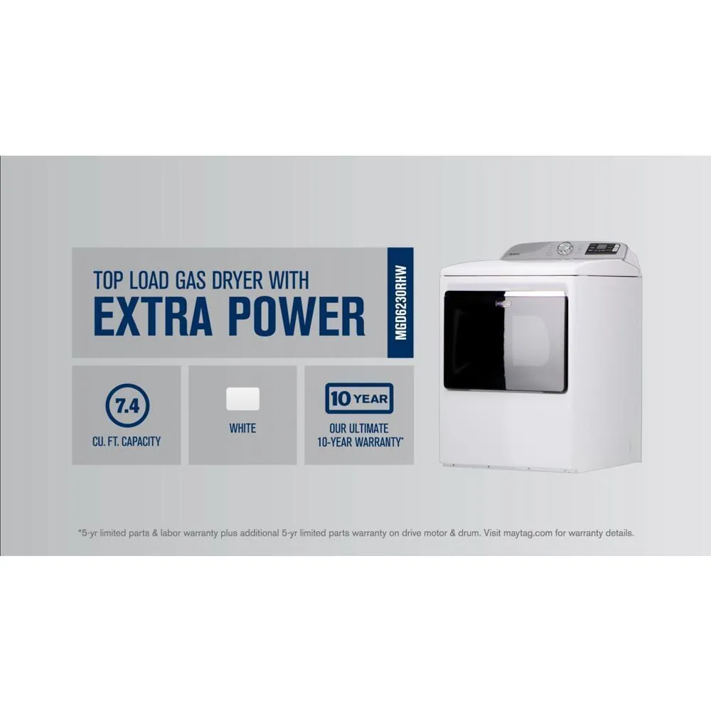 Maytag MGD6230RHW Smart Top Load Gas Dryer with Extra Power - 7.4 cu. ft.