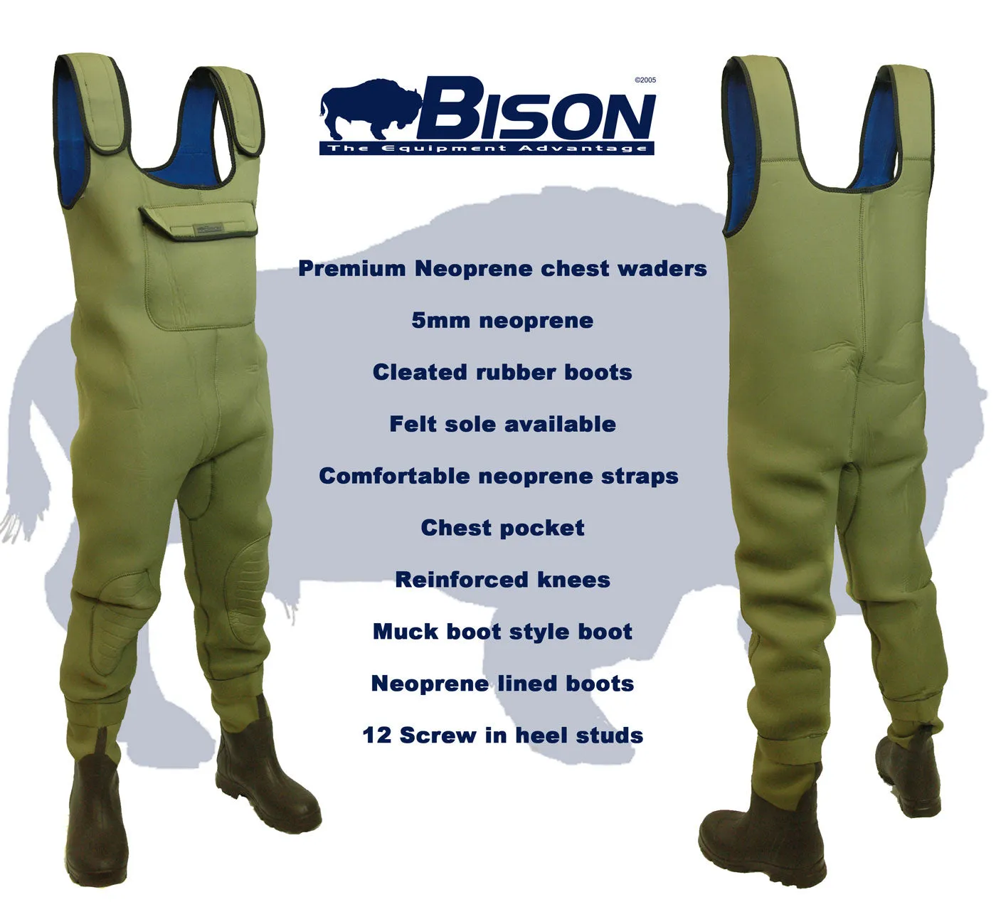 NEOPRENE CHEST WADERS, BISON 5mm FULL BODIED