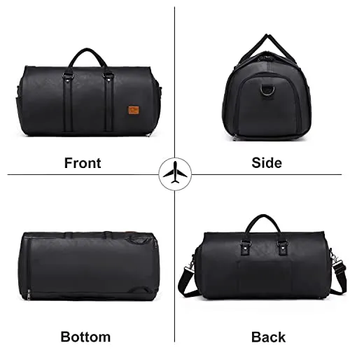 Seyfocnia Carry On Garment Backpack, Waterproof Mens Garment Bag for Travel Business, Leather Duffel Bag with Shoe Compartment -Black